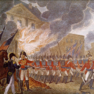 Early 19th century painting of British troops marching through Washington DC with buildings on fire.