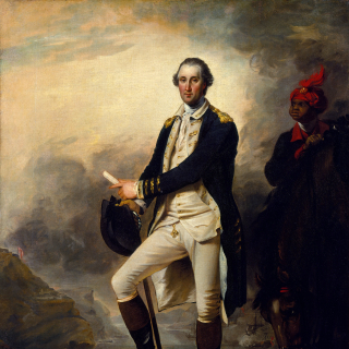 1780 painting of George Washington in Continental Army uniform. A young African American man stands behind him.