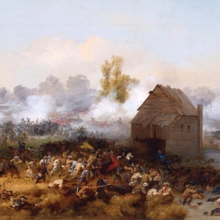 Wide view painting of soldiers fighting during the American Revolution. There is a wooden house in the foreground and smoke in the background.