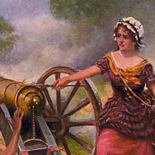 A woman firing a cannon during a Revolutionary War battle.