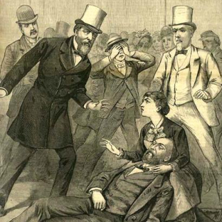 A contemporary engraving of the Garfield assassination (Source: Wikimedia Commons)