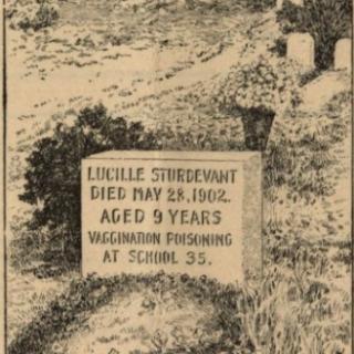 Image of a gravestone of someone who allegedly died of vaccine poisoning at school (Source: Thomas Boudren, An Open Letter to the Governor and Members of the General Assembly of Connecticut, Bridgeport, Connecticut: Press of the Farmer Pub., Co., 1911)