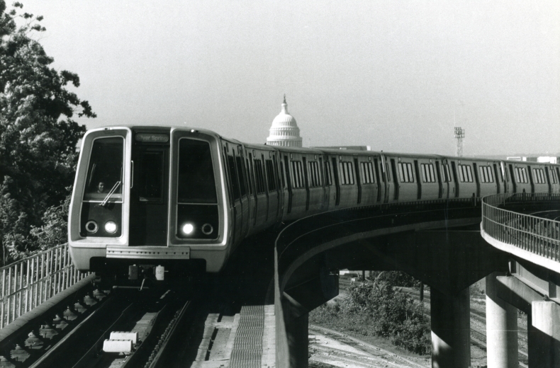 Metro Red Line train entering Rhode Island Avenue Station on May 17, 1979. (Credit: Phil Portlock, Metro Photograph Collection, DC Public Library)