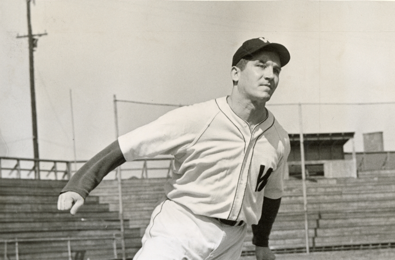 Bert Shepard running while wearing his Washington Senators baseball uniform.