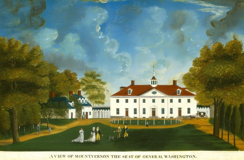 Colorful painting of Mount Vernon mansion, a white house with green lawn in front.
