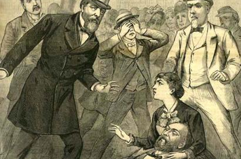 A contemporary engraving of the Garfield assassination (Source: Wikimedia Commons)