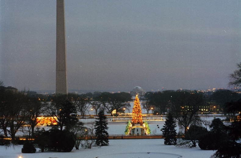 View of the Washington Monument and Jefferson Memorial from the White House, covered in snow