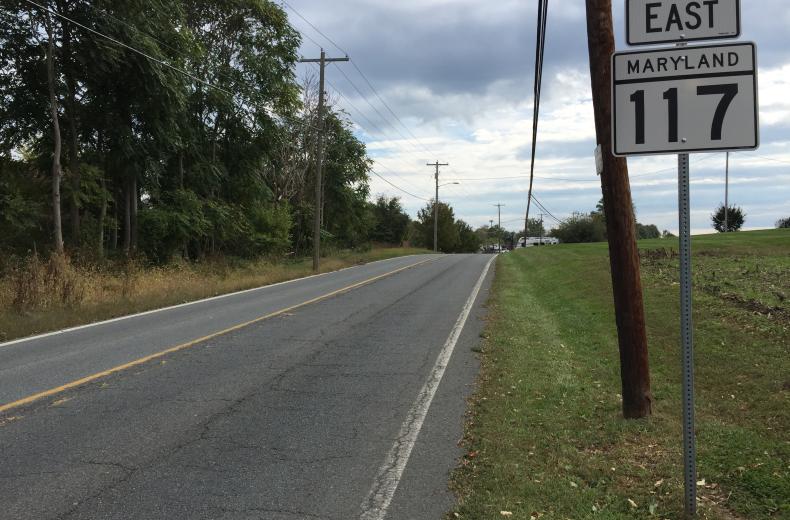 A view east along Clopper Road in Montgomery County, Maryland.