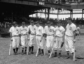 Seven of the American League All-Star players, from left to right Lou Gehrig, Joe Cronin, Bill Dickey, Joe DiMaggio, Charlie Gehringer, Jimmie Foxx, and Hank Greenberg. All seven would eventually be elected to the Hall of Fame. (Source: Library of Congress) Seven of the American League All-Star players, from left to right Lou Gehrig, Joe Cronin, Bill Dickey, Joe DiMaggio, Charlie Gehringer, Jimmie Foxx, and Hank Greenberg. All seven would eventually be elected to the Hall of Fame. (Source: Library of Congress)