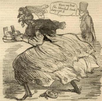 A pencil drawing of a bearded man in a woman's dress runs away with a boat in his hands. A mask and wig lay discarded at his feet. A gentleman in suit and a top hat observes the theft.