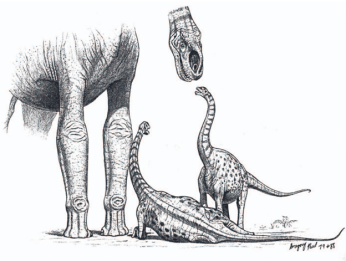 The pencil drawing of an Astrodon johnstoni, a giant, long-necked dinoasaur, bending over to greet its two small children.