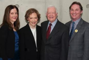 Jimmy and Rosalynn Carter pose with actors Richard Thomas and Hallie Foote, who portray them in the Camp David play.