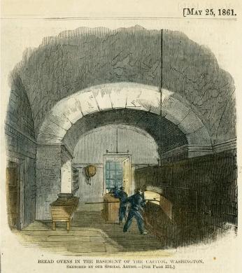A drawing of a bakery in the basement of the Capitol during the Civil War. The image is dated May 25, 1861.