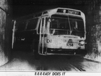 A city bus tries squeezing through the narrow tunnels once used for streetcars below Dupont Circle.