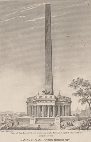 Mills' original design featuring a tall obelisk with a Classical colonnade beneath it