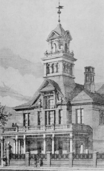 A sketch of the PGC courthouse in the 1880s. The building has a porch with columns and a tall tower on the facade, ending in a point with a weather vane.