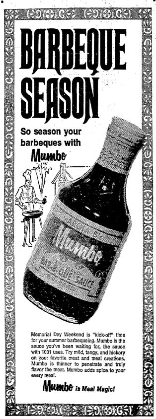 A 1970 ad just before Memorial Day in Washington's The Evening Star displaying Argia Collins, Sr.'s sauce "Argia B's Mumbo Sauce."