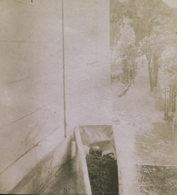 An image showing Smithson's open coffin next to the wall of the chapel. The coffin is open and the remains can be seen.