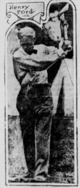 A newpaper photo of Ford swinging an ax
