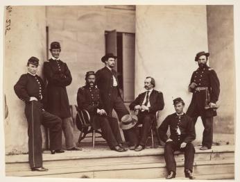 Brigadier General Gustavus A. DeRussy and other members of the Union army on the steps of Arlington House.
