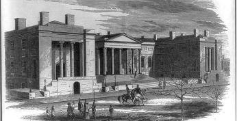 A sketch of the old district courthouse-city hall, with the columns of the court in center view.