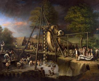 A painting of an early archeological dig in the Catskill mountains. Workmen use a pulley system to dredge the river while spectators look on.