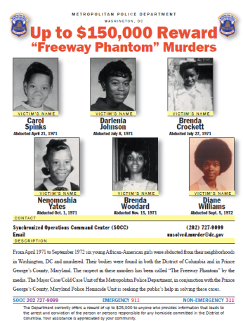 Police reward poster with text reading "Up to $150,000 Reward 'Freeway Phantom' Murders" with pictures of six African-American girls.