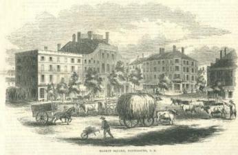 Drawing of Market Square in Portsmouth, New Hampshire as it looked in 1853. Large buildings frame the background and wagons, cows, and people fill the street. [Source: The White House Historical Association]
