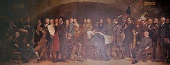 A painting showing the early founders of the B/O Railroad. Morse with his telegraph is in the center