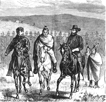 Black and white drawing of Nez Perce man on horse with two white US Army generals on horses on either side.