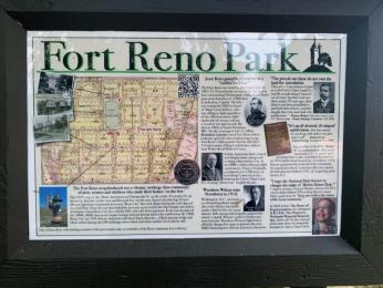 An informational sign at Fort Reno Park with a historic map of the neighborhood. 