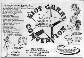 An advertisement for the Riot Grrrl Convention with dates, cartoon drawings of girls, and a description of events that will take place. 