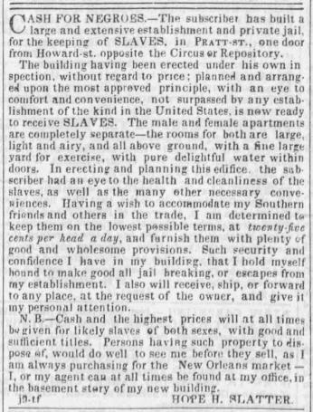 Newspaper ad placed by Baltimore slave trader Hope Slatter, offering "Cash for Negroes." Source: Wikimedia Commons