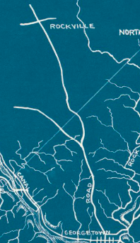 A close-up of a road drawn in white on a blue background. 