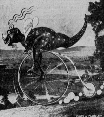 The Snallygaster depicted as a spotted dinosaur with wings and riding a bicycle.