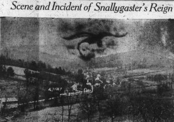 Newspaper headline and image of the Snallygaster flying above Middletown Valley