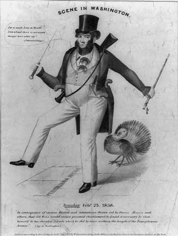 James Watson Webb is depicted in a suit and hat, bearing a cane in his left hand and a sword in his right. There is a rifle strapped to his back and a turkey following behind him. He is depicted stating, "I'm a small Army in Myself: I am afraid there is not much danger here after all."