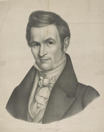 A pencil-drawn portrait of Maine Representative Jonathan Cilley. He is wearing a white shirt and tie with a black jacket.