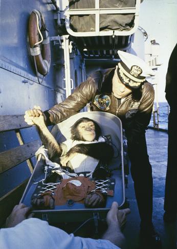 Color photo of a Naval commander standing on the exterior of his ship, warmly grabbing the hand of a young chimpanzee strapped into a capsule.