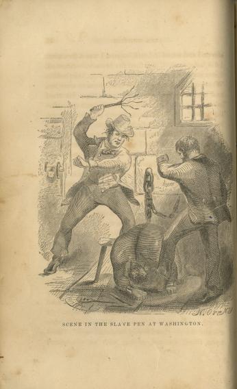 1857 engraving showing two white men whipping a black man in chains.