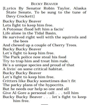 A Screenshot of a transcript from the House of Representatives with the lyrics to Bucky Beaver, a parody of the song Davey Crocket, written on it.
