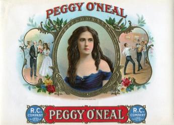 A cigar box labeled Peggy O'Neal with three inset images. In the middle there is a portrail of Peggy O'Neill in the middle. On the left, President Jackson is introduced to Peggy. On the right, two lovers fight a duel over her.