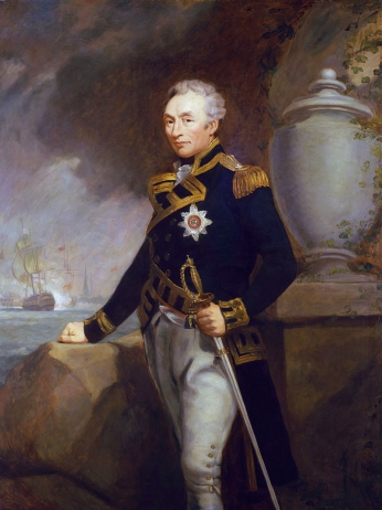 Portrait of a naval officer, Thomas Graves, in a blue uniform with gold epaulettes, standing before a maritime battle scene.