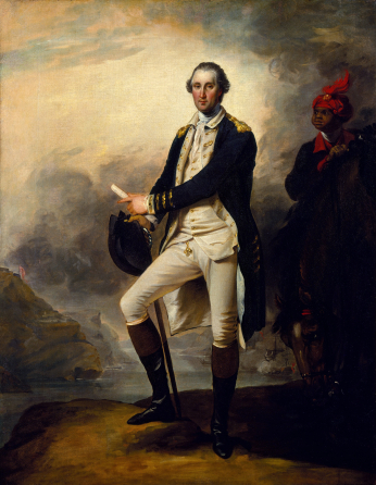1780 painting of George Washington in Continental Army uniform. A young African American man stands behind him.