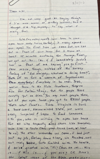 A thank you note written to Lilli on a legal pad