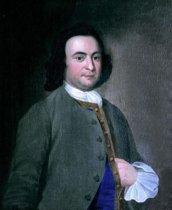 Color painting of George Mason, dressed in green jacket and white scarf.