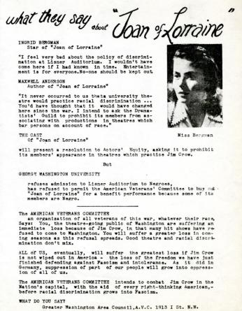 A typed document in typewriter font. Most of it is text. There is a small picture of Ingrid Bergman in the right hand corner. The document is titled “What They Are Saying about Joan of Lorraine.