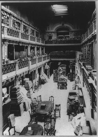 “Old congressional library, main hall, looking south” (Photo Source: Library of Congress) Wilkins, Jarvis E, photographer. Old Congressional Library, Main Hall, Looking South. Washington D.C, ca. 1897. May 29. Photograph. https://www.loc.gov/item/2007681327/.