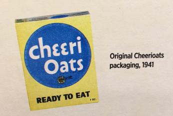 Early 1940s packaging for Cheeri Oats cereal, the precursor name of Cheerios.  lof a yellow box with a blue circle in the middle that says Cheeri Oats.