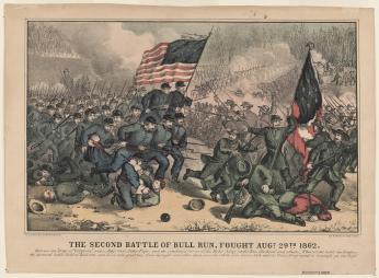 Union and Confederate soldiers fighting at the Second Battle of Bull Run, August 1862
